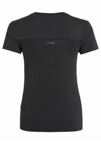 Čierne športové tričko s krátkym rukávom vyrobené z ľahkého materiálu. Má textúrovaný dizajn a malé logo na hornej časti chrbta.