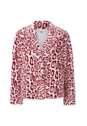Chaqueta de piel sintética en blanco con estampado de leopardo rojo. Solapas con muesca, cierre delantero con botones, mangas largas y textura suave.