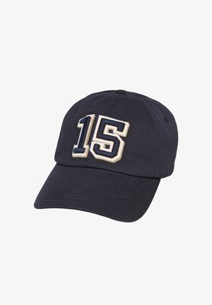 Casquette de baseball noire avec le numéro brodé "15" en blanc et beige sur le devant, visière incurvée et panneaux cousus.