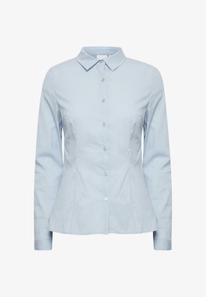 Jasnoniebieska bluzka z długim rękawem, z kołnierzykiem, z zapięciem na guziki, dopasowany krój, gładka tekstura i zwężająca się talia.