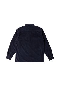 Navy corduroy shirt with long sleeves, button cuffs, and a collared neckline. Vertical ribbed texture, plain back view.