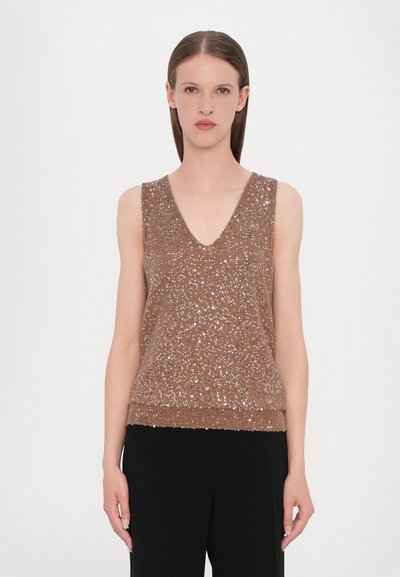 Brown, sleeveless knit top with V-neck and textured pattern of metallic threads. Accentuated hem and a fitted silhouette.