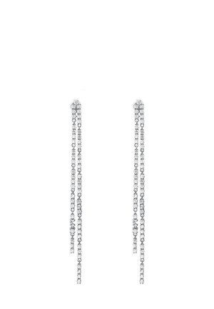 Hopeasukkaat hopeiset korvakorut, joissa on useita nauhoja pieniä kirkaita kristalleja, luoden valuvan vaikutelman. Muotoilu on herkkä ja lineaarinen.