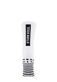 Weißer Socken mit geripptem Muster, ausgestattet mit einem schwarzen Logo "STARKSOUL" und einem gummierten schwarzen Grip-Muster an der Sohlenunterseite für besseren Halt.