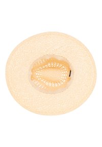 Široký slamáček v světle béžové barvě, s háčkovanou čelenkou a obloukovým okrajem. Texturovaný tkaný design po celém povrchu.