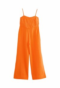 Combinaison orange avec bretelles fines, broderie florale sur le buste et design à jambes larges. Fabriquée en matériau léger avec une texture lisse.