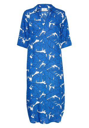 Blå knælange kjole med korte ærmer, krave og fedt hvidt og sort tropisk bladprint mønster.