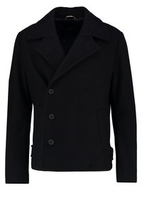 Schwarze Wolljacke mit Reverskragen, vier vorderen Knöpfen, zwei Seitentaschen und flachen Manschetten. Schlichtes, maßgeschneidertes Design.