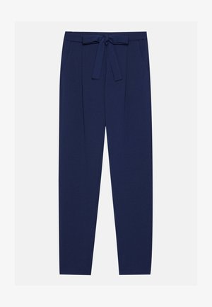 Navy trousers featuring a tie waist, side pockets, and a loose fit. Made from a smooth fabric with a subtle sheen. Tailored design with pleats.