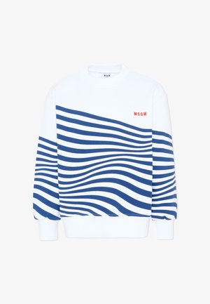 Sweat-shirt blanc à col ras-du-cou avec des rayures horizontales ondulées bleues et un petit logo rouge "MSGM" sur la poitrine gauche, manches longues et poignets côtelés.