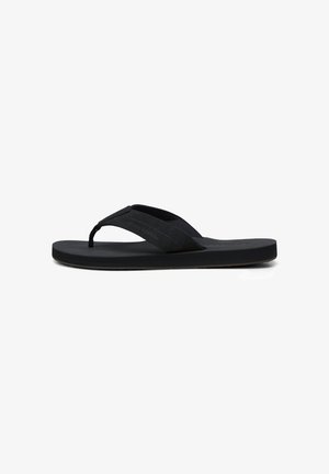 Black flip-flop featuring a flat rubber sole, fabric straps, and a thong-style design. Simple and sleek with no additional embellishments.