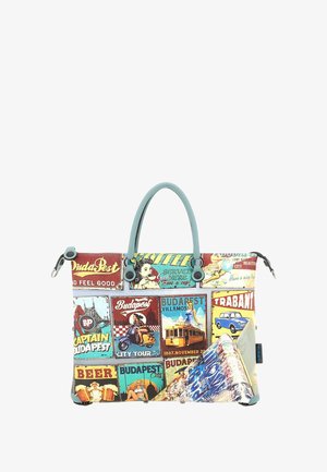 Borsa tote multicolore con design di poster di viaggio vintage, con manici e dettagli azzurri. Realizzata in tessuto resistente con stampe grafiche.