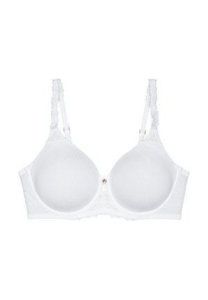 Hvid polstret bh med justerbare stropper med blonderkant og subtil tekstureret mønster på skålene, designet til støtte og komfort.