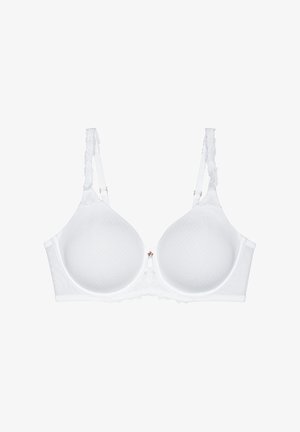 Witte gewatteerde beha met verstelbare bandjes met kantafwerking en subtiel gestructureerd patroon op de cups, ontworpen voor steun en comfort.