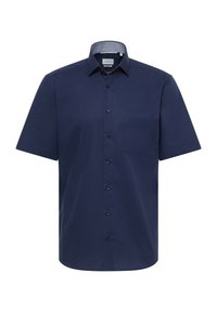 Korte mouwen marineblauwe shirt met een button-down kraag, een enkele borstzak en gestructureerde details aan de binnenkant van de kraag. Gladde stofafwerking.