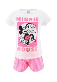 Piżama z motywem Myszki Minnie składa się z białej koszulki z różowymi akcentami i czarnym nadrukiem, uzupełnionej różowymi szortami w groszki.