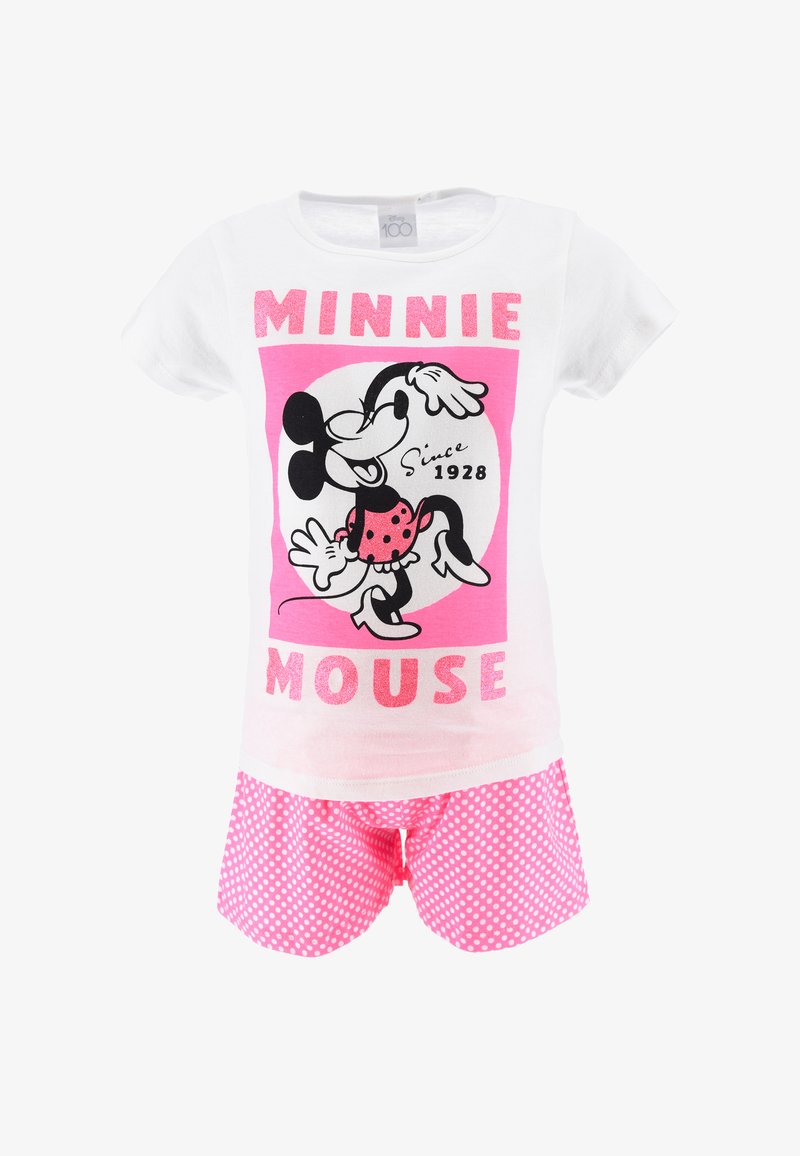 Das Minnie Mouse Themen-Pyjama-Set besteht aus einem weißen T-Shirt mit rosa Akzenten und schwarzem Grafikdesign, kombiniert mit pinken Shorts mit Punkten.