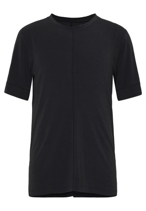 T-shirt noir à manches courtes avec un col rond et une couture centrale verticale sur le devant.