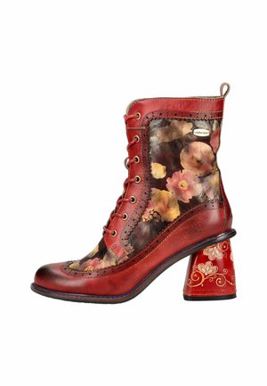 Red leather ankle boot with floral pattern, lace-up front, decorative stitching, and a unique red patterned heel. Material is glossy and textured.