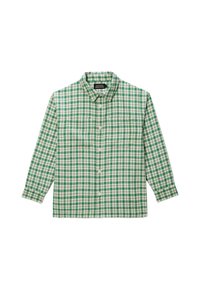 Chemise à carreaux verte et blanche avec col, manches longues et deux poches avant. Le tissu semble léger et texturé.