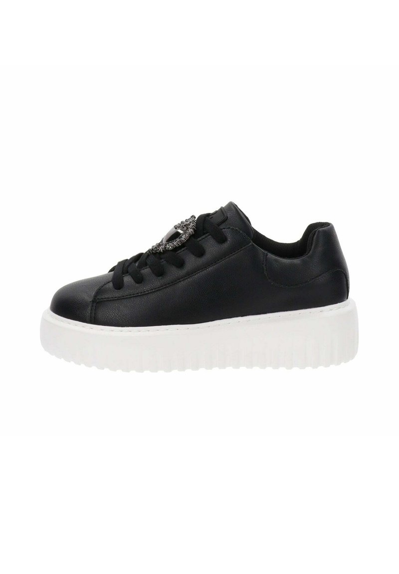 Sneaker in pelle nera con punta arrotondata, lacci tono su tono e elementi decorativi sulla tomaia. La suola in gomma bianca spessa offre un contrasto.
