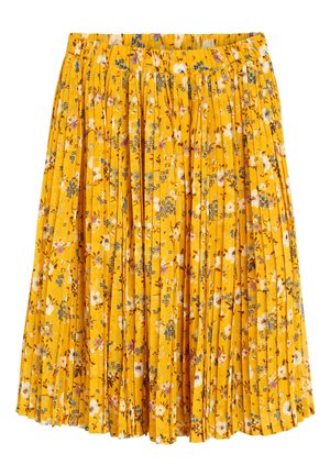 Jupe plissée jaune avec petit imprimé floral blanc, bleu et rose et taille élastique.