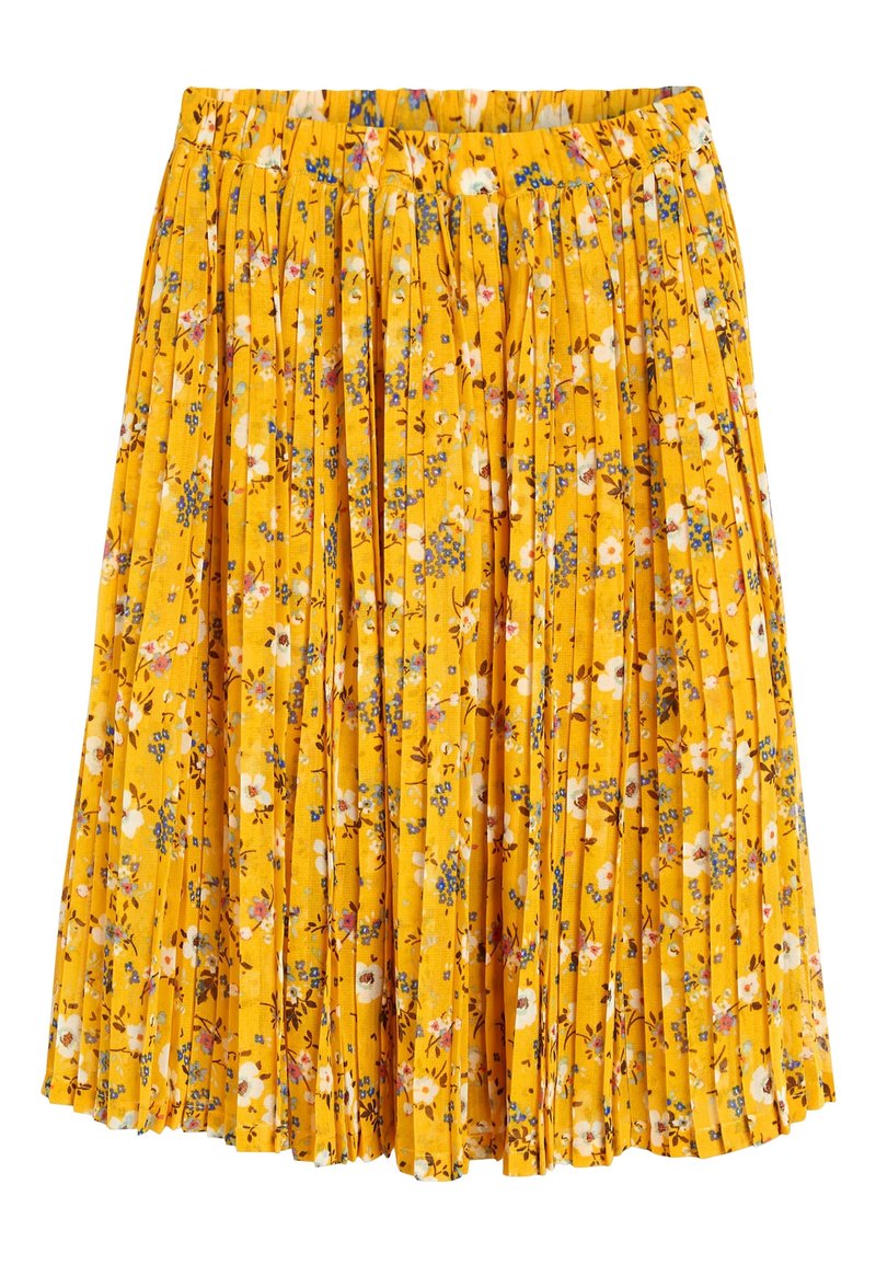 Jupe plissée jaune avec petit imprimé floral blanc, bleu et rose et taille élastique.