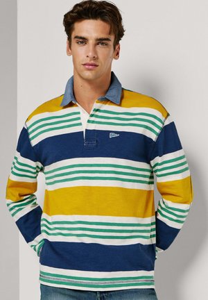 Langärmeliges Polohemd mit horizontalen Streifen in Navy, Gelb, Grün und Weiß, mit einem kragenähnlichen Denim-Kragen und einem gestickten Logo.