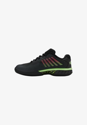Black athletic shoe with textured, striped design in pink and green accents. Features a durable sole and breathable upper for performance.