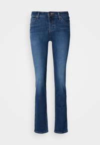 Modri jeans z razširjenim krojem hlačnic, ki imajo klasično pet-pocket zasnovo, zadrgo in subtilno pranje za teksturo.