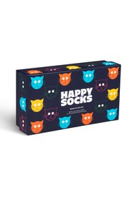 Presentask för "Happy Socks" med en marinblå bakgrund och färgglada kattansikten (orang, rosa, blå, gul, grön) samt fet vit text.