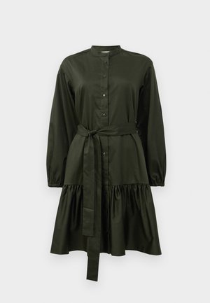 Dark green button-down dress with long sleeves, gathered skirt, and tied waist belt on plain background.
