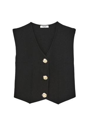 Gilet senza maniche nero con scollatura a V, dotato di tre bottoni dorati e due tasche frontali. Il tessuto testurizzato aggiunge profondità al design.