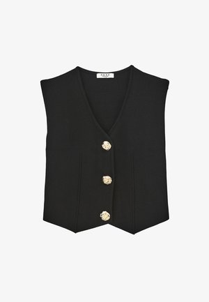 Černá bezrukávová vesta s výstřihem do V, která má tři zlaté knoflíky a dvě přední kapsy. Texturovaná tkanina dodává designu hloubku.