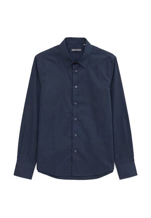 Camicia da uomo manica lunga blu navy con colletto, sei bottoni ed etichetta del marchio all'interno della scollatura.