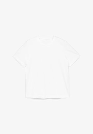 Yksivärinen valkoinen lyhythihainen T-paita pyöreällä pääntiellä, aseteltu tasaisesti valkoiselle taustalle.