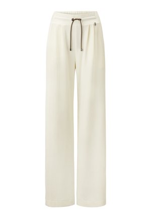 Wide-leg trousers in cream fabric, featuring an elastic waistband with a brown drawstring, side pockets, and a smooth texture.