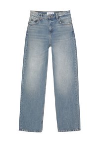 Los jeans de mezclilla anchos en un azul claro presentan una cintura alta, un diseño de cinco bolsillos y un ligero desgaste en la tela para un aspecto relajado.
