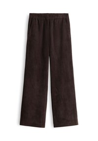 Dark brown wide-leg corduroy pants with elastic waistband and side pockets, shown flat on a white background.
