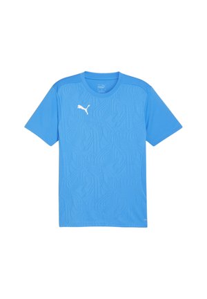 Blauw sportieve T-shirt met een gestructureerd patroon, korte mouwen, ronde halslijn en een wit Puma-logo op de linkerkant van de borst.