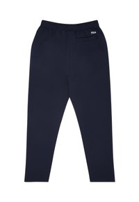 Marinblå träningsbyxor i mjukt material med elastisk midja, utrustade med en liten bakficka och Fila-logotyp fram.