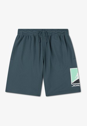 Donkergrijze sportshorts van mesh met elastische tailleband, trekkoord en groen-witte Jordan-logo op het linkeronderbeen.