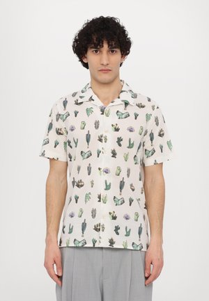 Short-sleeve shirt in light beige fabric featuring a cactus and plant print in various greens and purples, with a collared neckline and button front.