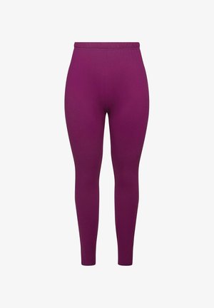 Leggings en tissu extensible et lisse d'une profonde couleur violette, dotés d'une taille élastique et d'une coupe ajustée.