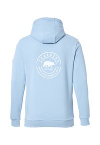 Sudadera con capucha de color azul claro con un logotipo circular blanco que presenta un oso y texto. Fabricada en material de mezcla de algodón, tiene puños y dobladillo acanalados.