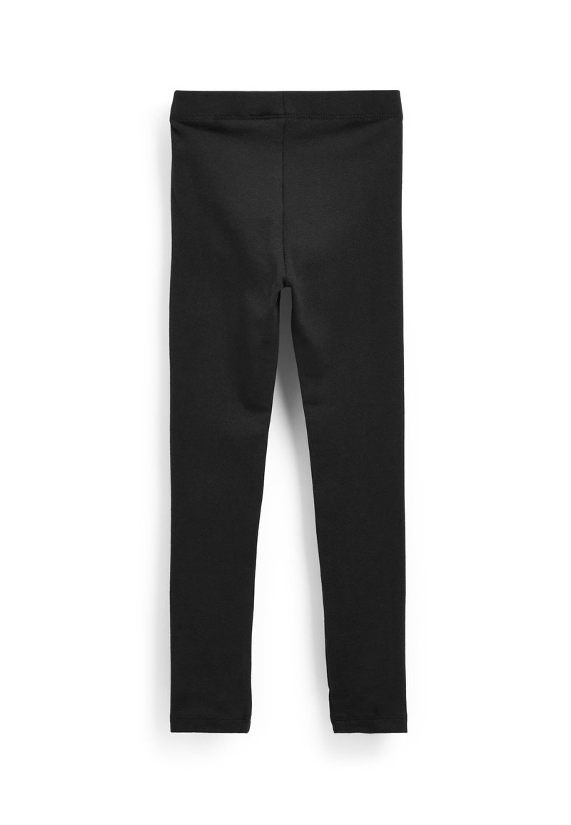 Svarta leggings i elastisk tyg, med en åtsittande design och elastisk midja utan synliga sömmar eller mönster.