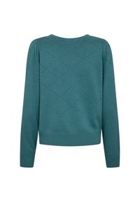 Tealfärgad tröja med långa ärmar, strukturerat diamantmönster, ribbad nederkant och veck vid axlarna. Mjuk stickad material, ingen knäppning.
