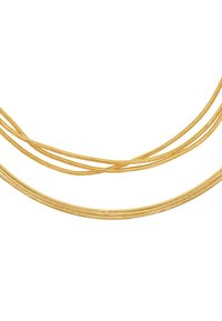 Collana in metallo dorato a catena con più fili, caratterizzata da una texture liscia e un design flessibile, elegantemente intrecciata in diverse lunghezze.