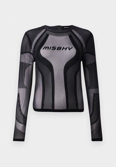 Black long-sleeve top in a sheer mesh material featuring a geometric design with black stripes and the logo "MISBHV" on the chest.