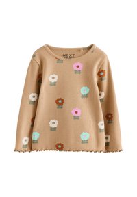Beige langærmet sweater med ribbet tekstur og flerfarvede blomsterprint. Rund halsudskæring med bølget kantdetalje.